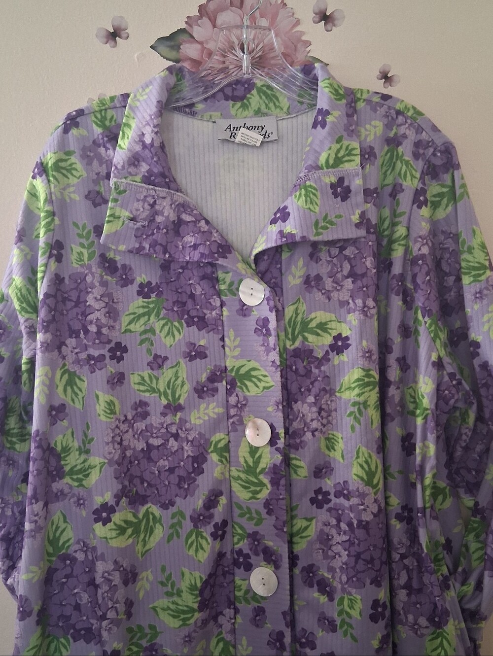 Vintage Anthony Richards Lavender Floral Long Robe 2X Button Down Pockets - Picture 2 of 10